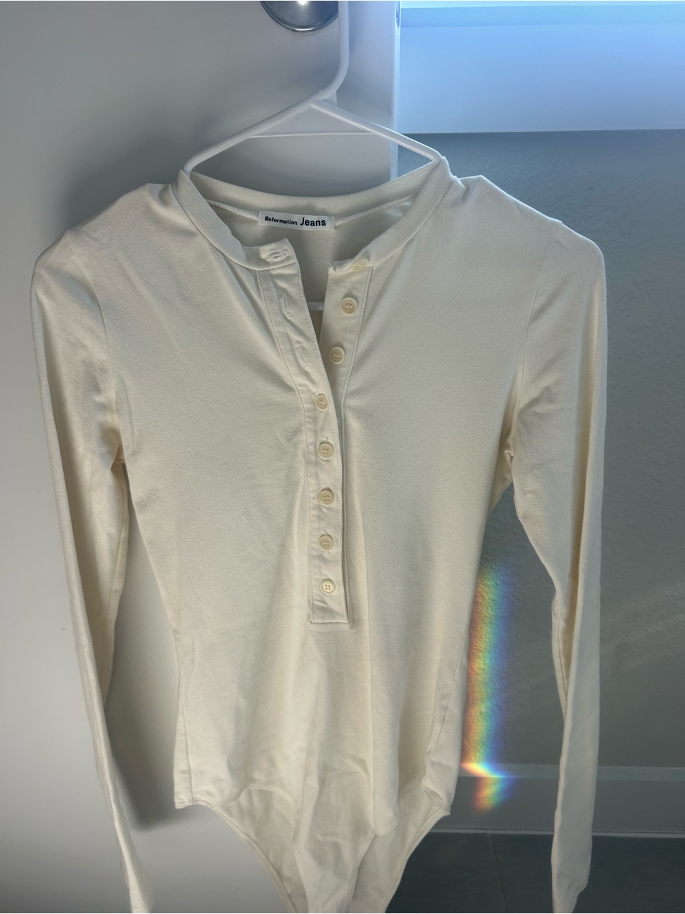 Reformation Cream Ribbed Henley Bodysuit